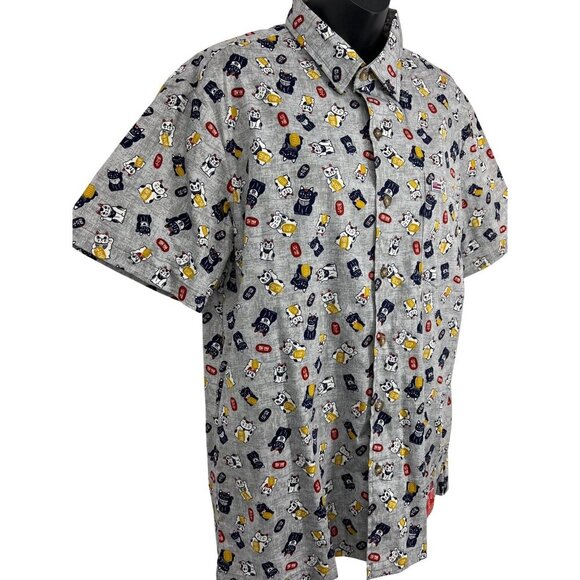 Aloha Made Me Mens Large L Hawaiian Short Sleeve Shirt Maneki Neko Grey Button - Picture 6 of 9
